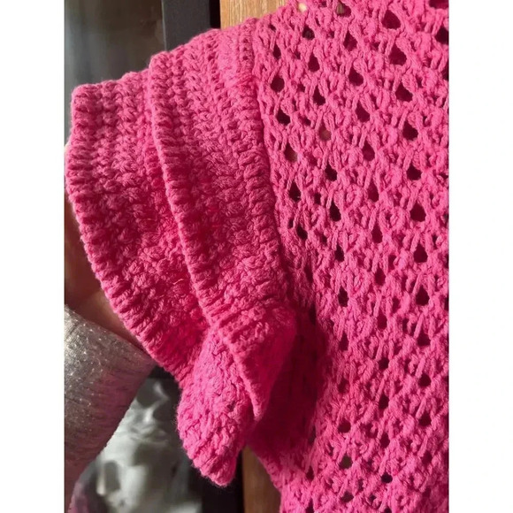 H&M crochet top Pointelle-knit blouse short flutter sleeves scalloped - Picture 4 of 7